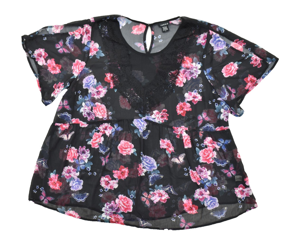Torrid Size 2 Plus Black Floral Butterfly Sheer Lace Trim Babydoll Chiffon Top